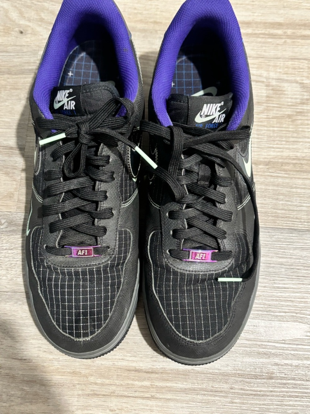 Nike Air Black Sneaker with Lime Green Swoosh and Purple Lining - Picture 3 of 8